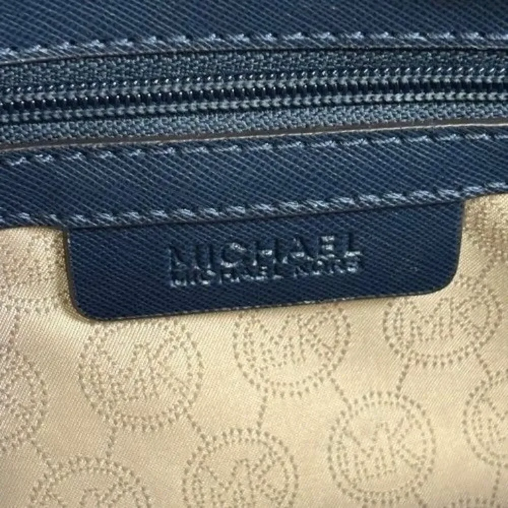 Michael Kors Selma Saffiano Leather Satchel Shoulder Bag Tricolor Navy White Tan